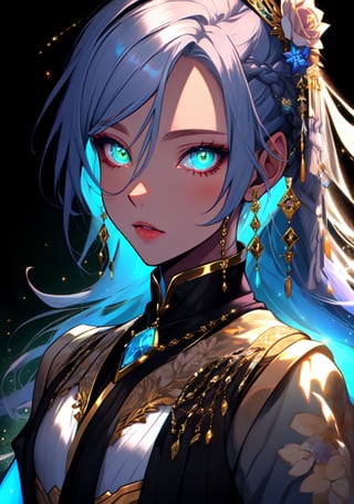 She has multi-colored hair, luminous eyes and dresses in dresses that change color with each song or painting, masterpice, very detailed, handsome, 1girl, detailed face, ilustration 