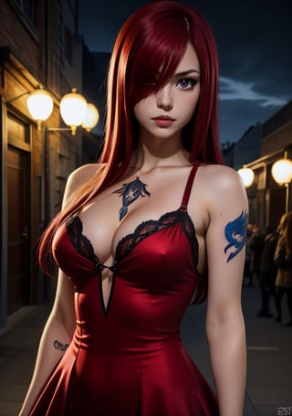  1girl, Erza_FT, brown eyes, hair over one eye, ((Erza Scarlet)), dress, tattoo, fairy tail tattoo, curvy_figure, perfect eyes, masterpiece, best quality, 4K, HDR, cinematiclighting,Erza_FT