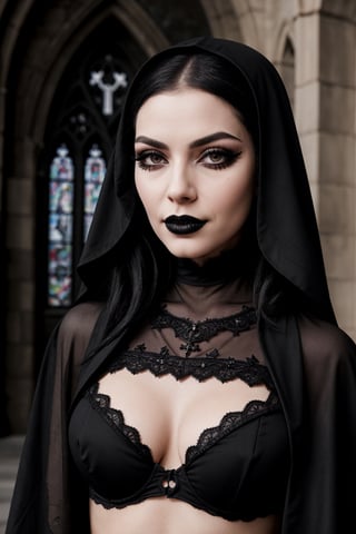 portrait of Badass goth nun, eyelash extensions, black lipsticks, black lace bra, gothic church background