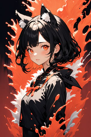 (masterpiece:1.0), (highest quality:1.12), (HDR:1.0), a girl, illustration, cover art, (black:1.2), (portrait), coral background, splash, (animal ear fluff:0.7)
