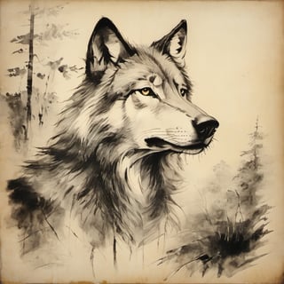 sketch, monochrome, wolf ,vintagepaper