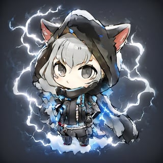 assassin creed, a cat, winter_clothes, black clothe, hoodie on head, high_resolution, high detail, perfect body,Monster,Xxmix_Catecat,composed of elements of thunder,thunder,electricity,chibi