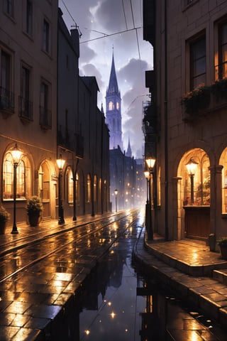 Textured relief oil painting old European city. A tram, illuminated from within, moves along cobblestone streets, reflecting the ambient light. Pedestrians, some holding umbrellas, walk alongside the tracks, their reflections shimmering on the wet ground. Tall buildings with ornate architectural details line the streets, and a lamppost stands prominently in the foreground. The sky is painted in deep blues and purples, suggesting it might have rained recently.ᎩᗩᏆᔑ(｡◕‿◕｡), conceptual art, graffiti, wildlife photography, dark fantasy, painting, vibrant, illustration