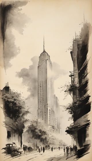 sketch, monochrome,  scenery, cloud, outdoors, sky, cityscape, skyscraper,vintagepaper