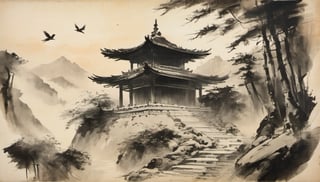 sketch, monochrome,  mountain, bird, east asian architecture, sun,vintagepaper