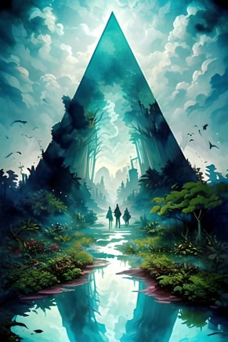 a bizarre dreamlike depiction of exploring the unknown, (1 white boy , 1 Japanese girl), dark hair, holding hands, looking at sky, exploring a dark magical fantasy forest with twisted ancient trees, ancient magical ruins, hidden creatures, walking on reflection, path toward eye in pyramid, dreamscape, bizarre hallucinations, dreampunk, ghosts in mist, incredible artwork, painting, best quality, beautiful, perfect detail, ornate, rule of thirds, creepy, strange creatures, Fae ,magic Circle, magic patterns,Leonardo Style,Movie Still,dfdd,lofi, illustration,vector art,EpicSky