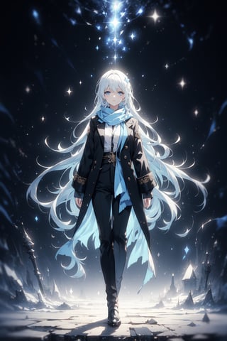 long hair, white hair, light blue eyes, 1 woman, black and white coat, black pants, standing blue scarf, looking at the sky, night, starry sky, snowing, beautiful hands.,noc-mgptcls