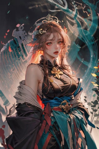 8k, (absurdres, highres, ultra detailed), (1lady:1.3), ultra resolution image, (1girl), (solo), kawaii, brown hair, night, miko, shrine maiden, shigai, traditional attire, shiny umbrella, kagura, (sacred grove:1.4), talisman, mist, serene mystery, sanctuary, sparkling magic, glowing ancient stone, shrine, old trees, beautiful lighting, mythical, spirit realm, spirit, glowing fireflies, (night time:1.2), calm, scenery, (simple background:1.3), trainquill expression, firefly of the light, Big breasts1:3, curvy, sexy, large_breast, wide hips.