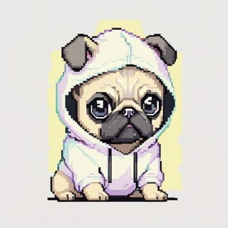 vector, minimalist, smooth, colorful, chibi pug in cyberpunk-hoodie, pastel color, white background, high_res,pixel style