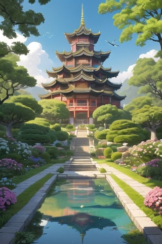 Paint a vivid picture of a four-story Asian-style castle with a tranquil garden, colorful flowers, and singing birds, highly detailed, intrincated, 16k, hyper defined, stilized. 