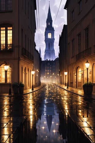 Textured relief oil painting old European city. A tram, illuminated from within, moves along cobblestone streets, reflecting the ambient light. Pedestrians, some holding umbrellas, walk alongside the tracks, their reflections shimmering on the wet ground. Tall buildings with ornate architectural details line the streets, and a lamppost stands prominently in the foreground. The sky is painted in deep blues and purples, suggesting it might have rained recently.ᎩᗩᏆᔑ(｡◕‿◕｡), conceptual art, graffiti, wildlife photography, dark fantasy, painting, vibrant, illustration