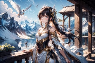 goddess,delicate elegant features,white clothe,laced with intricate lacework and golde mbroidered motifs depicting arcane symbols of  knowledge.nature,mountain,small birds,best quality,high beautiful,super fine illustration,