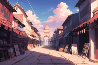 beautiful ancient indian temple city with a bustling marketplace, sun high in sky, poster, digital_painting,6000,cloud,greg rutkowski,FFIXBG