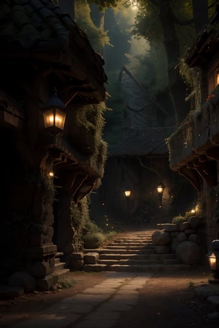 Elf village in the forest, casas suspendidas del sueño aferradas a los árboles, night atmosphere. Medieval atmosphere. Oil lamp lighting, (referencia del señor de los anillos y the Witcher) elfos caminando