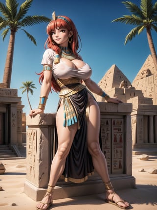 A woman, wearing Egyptian costume, white T-shirt, very short black skirt, golden jewelry, gigantic breasts, wearing appliqués in her hair, red hair, hair with bangs in front of her eyes, hair slick, (looking at the viewer), (((sensual pose+Interacting+leaning on anything+object+leaning against))), in an oasis in the Sahara desert at night with many stones, coconut trees,  bush, stone structures with Egyptian writing, 16K, UHD, ((full body)), unreal engine 5, quality max, max resolution, ultra-realistic, ultra-detailed, maximum sharpness, (perfect_hands:1.2), ((perfect_legs)), Goodhands-beta2, (((ancient Egypt, gigantic breasts))