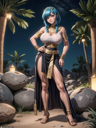 A woman, wearing Egyptian costume, white T-shirt, very short black skirt, golden jewelry, gigantic breasts, wearing appliqués in her hair, blue hair, short hair, hair with bangs in front of her eyes, hair slick, (looking at the viewer), (((sensual pose+Interacting+leaning on anything+object+leaning against))), in an oasis in the Sahara desert at night with many stones,  coconut trees, bush, stone structures with Egyptian writing, 16K, UHD, ((full body)), unreal engine 5, quality max, max resolution, ultra-realistic, ultra-detailed, maximum sharpness, (perfect_hands:1.2), ((perfect_legs)), Goodhands-beta2, ((ancient Egypt, gigantic breasts))