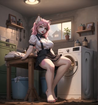 An ultra-detailed 16K masterpiece in Horror and Gothic styles, rendered in ultra-high resolution with extraordinary detail. | Ana, a young 23-year-old fox woman, is dressed in a maid uniform, consisting of a black skirt, white blouse and white apron. Her pink hair is short and disheveled, with a modern and stylish cut. ((Her golden eyes are looking at the viewer, smiling and showing her teeth, with red lipstick on her lips)). She is in a filthy basement, with dirt, mud, concrete structures, wooden structures, machines and computers all around. A washing machine, a work table and a shelf full of tools adorn the scene. | The image highlights Ana's imposing figure and the horror elements of the basement. The dirt, mud, concrete structures, wooden structures, machines and computers, along with the washing machine, work table and shelf full of tools, create a frightening and uncomfortable environment. The shadows created by the basement lights highlight the details of the scene and create a mysterious atmosphere. | Soft, shadowy lighting effects create a tense, fear-filled atmosphere, while detailed textures on skin, clothing, and structures add realism to the image. | Ana, a maid in a filthy basement, exploring themes of horror, mystery and fear. | (((The image reveals a full-body shot as Ana assumes a sensual pose, engagingly leaning against a structure within the scene in an exciting manner. She takes on a sensual pose as she interacts, boldly leaning on a structure, leaning back and boldly throwing herself onto the structure, reclining back in an exhilarating way.))). | ((((full-body shot)))), ((perfect pose)), ((perfect arms):1.2), ((perfect limbs, perfect fingers, better hands, perfect hands, hands)), ((perfect legs, perfect feet):1.2), ((huge breasts))++, ((perfect design)), ((perfect composition)), ((very detailed scene, very detailed background, perfect layout, correct imperfections)), Enhance, Ultra details++, More Detail, poakl