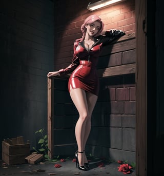 A masterpiece of noir style and drama, rendered in ultra-detailed 8K with realistic, vibrant details. | Rose, a young 23-year-old woman, is dressed in a prostitute outfit consisting of a short dress, high stockings, high-heeled shoes and a leather jacket. Her short pink hair is styled in a stylish modern cut with tousled braids. She has golden eyes, looking at the viewer while smiling and showing her teeth, wearing red lipstick. It is located in an abandoned warehouse, with brick structures, crates, lamp posts, marble and wooden structures. The dark and mysterious atmosphere of the place is enhanced by the lack of natural light. The dim light from the streetlights illuminates the room, creating ominous shadows on the walls. | The image highlights Rose's seductive figure and the architectural elements of the abandoned warehouse. The brick structures, crates, lampposts, marble and wooden structures, along with the lack of natural light, create a dark and mysterious environment. The ominous shadows on the walls highlight the tension and fear in the scene. | Soft, shadowy lighting effects create a tense, fear-filled atmosphere, while rough, detailed textures on structures and clothing add realism to the image. | A terrifying scene of a young prostitute woman in an abandoned warehouse, exploring themes of noir, drama and fear. | (((The image reveals a full-body shot as Rose assumes a sensual pose, engagingly leaning against a structure within the scene in an exciting manner. She takes on a sensual pose as she interacts, boldly leaning on a structure, leaning back and boldly throwing herself onto the structure, reclining back in an exhilarating way.))). | ((((full-body shot)))), ((perfect pose)), ((perfect arms):1.2), ((perfect limbs, perfect fingers, better hands, perfect hands, hands)), ((perfect legs, perfect feet):1.2), ((huge breasts)), ((perfect design)), ((perfect composition)), ((very detailed scene, very detailed background, perfect layout, correct imperfections)), Enhance, Ultra details++, More Detail, poakl