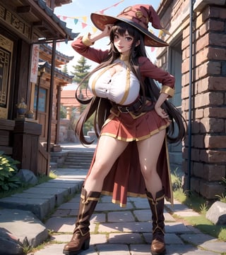 Masterpiece in 16K, faithfully capturing the Anime Konosuba and Anime CGI styles. | Megumin, now at 30 years old, emerges with elegance in her red outfit with a short skirt, adorned with golden details. Black leather boots complete the look, while a witch's hat graces her head. The fitted outfit accentuates her curves, and her penetrating eyes stare directly at the viewers, emitting a confident aura. Adopting a dynamic pose, she boldly leans on a large structure inside an ancient temple, leaning back in a unique way. | The camera, exceptionally close, highlights Megumin in full body, providing a commanding presence in the image. The immersive backdrop of the ancient temple, with a waterfall, ancient structures, large rocky formations, and altars with ancient writings, adds a mystical layer to the scene. Ultra-detailed effects and high-quality CGI enrich the visual representation, ensuring a unique and immersive experience. | {The camera is positioned very close to her, revealing her entire body as she adopts a sensual_pose, interacting with and leaning on a structure in the scene in an exciting way.} | She is adopting a (((sensual_pose as interacts, boldly leaning on a structure, leaning back in an exciting way))), ((sensual_pose):1.3), ((perfect_pose)), ((perfect_pose):1.5), (((full body))), ((well_defined_face, ultra_detailed_face, well_defined_eyes, ultra_detailed_eyes)), ((perfect_finger, perfect_hand)), ((More Detail)), better_hands, huge breasts, | ((Red eyes, devilish smile, red lips)),3d