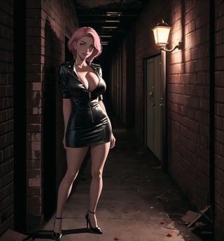 A masterpiece of noir style and drama, rendered in ultra-detailed 8K with realistic, vibrant details. | Rose, a young 23-year-old woman, is dressed in a prostitute outfit consisting of a short dress, high stockings, high-heeled shoes and a leather jacket. Her short pink hair is styled in a stylish modern cut with tousled braids. She has golden eyes, looking at the viewer while smiling and showing her teeth, wearing red lipstick. It is located in an abandoned warehouse, with brick structures, crates, lamp posts, marble and wooden structures. The dark and mysterious atmosphere of the place is enhanced by the lack of natural light. The dim light from the streetlights illuminates the room, creating ominous shadows on the walls. | The image highlights Rose's seductive figure and the architectural elements of the abandoned warehouse. The brick structures, crates, lampposts, marble and wooden structures, along with the lack of natural light, create a dark and mysterious environment. The ominous shadows on the walls highlight the tension and fear in the scene. | Soft, shadowy lighting effects create a tense, fear-filled atmosphere, while rough, detailed textures on structures and clothing add realism to the image. | A terrifying scene of a young prostitute woman in an abandoned warehouse, exploring themes of noir, drama and fear. | (((The image reveals a full-body shot as Rose assumes a sensual pose, engagingly leaning against a structure within the scene in an exciting manner. She takes on a sensual pose as she interacts, boldly leaning on a structure, leaning back and boldly throwing herself onto the structure, reclining back in an exhilarating way.))). | ((((full-body shot)))), ((perfect pose)), ((perfect arms):1.2), ((perfect limbs, perfect fingers, better hands, perfect hands, hands)), ((perfect legs, perfect feet):1.2), ((huge breasts)), ((perfect design)), ((perfect composition)), ((very detailed scene, very detailed background, perfect layout, correct imperfections)), Enhance, Ultra details++, More Detail, poakl