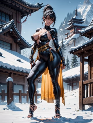 A woman, wearing a black ninja costume with blue parts, monstrously gigantic breasts, black hair, short hair, hair with bangs in front of her eyes, hair with ponytail, looking at the viewer, (((erotic pose interacting and leaning [on something in the environment|on an object]))), inside a very old shaolin temple with large altars, edra structures,  gold figurines, mountain background with lots of snow, is daytime snowing heavily, ((full body):1.5), 16k, UHD, best possible quality, ultra detailed, best possible resolution, Unreal Engine 5, professional photography, ((well-detailed fingers)), ((well-detailed hand)), ((perfect_hands)), ((mortal_kombat))