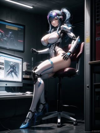 A woman, wearing (all white mecha suit with blue parts, huge breasts, wearing helmet with colored visor):1), blue hair, hair with bangs in front of eyes, (looking at the viewer), (((sensual pose+Interacting+leaning on anything+object+leaning against))), in a laboratory with chair, machines, computers, window showing the city at night, 16K, UHD, ((full body)), unreal engine 5, quality max, max resolution, ultra-realistic, ultra-detailed, maximum sharpness, ((perfect_hands)), ((perfect_legs)), Goodhands-beta2, ((mecha, cyberpunk))