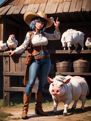 A woman, wearing a white T-shirt, black leather coat with embroidery, long brown leather pants, black leather boots, ((gigantic breasts)), blue hair, messy hair, short hair, straight hair, hair with bangs in front of the eyes, (((cowboy hat)), looking at the viewer, (((pose with interaction and leaning on [something|an object]))), in a barn with bundles of hay,  machinery, horses, pigs, chickens, is at night, ((full body):1.5), 16k, UHD, best possible quality, ultra detailed, best possible resolution, Unreal Engine 5, professional photography, well-detailed fingers, well-detailed hand, perfect_hands, ((farm animals))