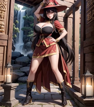 Masterpiece in 16K, faithfully capturing the Anime Konosuba and Anime CGI styles. | Megumin, now at 30 years old, emerges with elegance in her red outfit with a short skirt, adorned with golden details. Black leather boots complete the look, while a witch's hat graces her head. The fitted outfit accentuates her curves, and her penetrating eyes stare directly at the viewers, emitting a confident aura. Adopting a dynamic pose, she boldly leans on a large structure inside an ancient temple, leaning back in a unique way. | The camera, exceptionally close, highlights Megumin in full body, providing a commanding presence in the image. The immersive backdrop of the ancient temple, with a waterfall, ancient structures, large rocky formations, and altars with ancient writings, adds a mystical layer to the scene. Ultra-detailed effects and high-quality CGI enrich the visual representation, ensuring a unique and immersive experience. | {The camera is positioned very close to her, revealing her entire body as she adopts a sensual_pose, interacting with and leaning on a structure in the scene in an exciting way.} | She is adopting a (((sensual_pose as interacts, boldly leaning on a structure, leaning back in an exciting way))), ((sensual_pose):1.3), ((perfect_pose)), ((perfect_pose):1.5), (((full body))), ((well_defined_face, ultra_detailed_face, well_defined_eyes, ultra_detailed_eyes)), ((perfect_finger, perfect_hand)), ((More Detail)), better_hands, huge breasts, | ((Red eyes, devilish smile, red lips)),3d