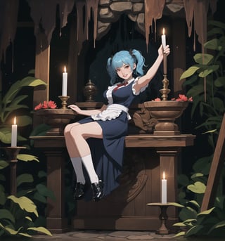 An ultra-detailed 16K masterpiece with macabre styles fused with fantastical elements, rendered in ultra-high resolution with realistic details. | A 33-year-old woman, dressed as a maid, wearing a simple blue uniform, white apron, black shoes and white socks. She has ((blue hair)), divided into two pigtails, and red eyes, looking at the viewer with a seductive and mysterious expression, smiling and showing her teeth. It is located in a macabre cave, with damp stone walls, stalactites and stalagmites, and a waterfall of dirty water falling to the floor. The cave has an altar made of wood and wooden architecture scattered throughout the environment. The dim light of a few candles illuminates the gloomy environment, creating dramatic shadows and highlighting the details of the scene. | The image highlights the woman's sensual figure and the cave's architectural elements. The rock and wooden structures, along with the woman, the altar, the pillars and the macabre sculptures, create a frightening and seductive environment. Thunder in the night sky illuminates the scene, creating dramatic shadows and highlighting the details of the scene. | Soft, shadowy lighting effects create a tense, desire-filled atmosphere, while rough, detailed textures on structures and costumes add realism to the image. | A sensual and terrifying scene of a woman dressed as a maid in a macabre cave, fusing elements of macabre art and fantasy. | ((((The image reveals a full-body image of the character as she assumes a sensual pose. She enticingly leans, throws herself, and supports herself against a structure within the scene in an exciting manner. While leaning back, she takes on a sensual pose, boldly throwing herself onto the structure and reclining back in an exhilarating way.)))). | ((((full-body image)))), ((perfect pose)), ((perfect fingers, better hands, perfect hands)), ((perfect legs, perfect feet)), ((huge breasts)), ((perfect design)), ((perfect composition)), ((very detailed scene, very detailed background, perfect layout, correct imperfections)), More Detail, Enhance