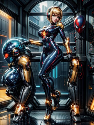 Just one woman, wearing mecha costume+Samus Aran costume+spider man costume, black with golden parts, gigantic breasts, multicolored hair, very short hair, straight hair, hair with bangs in front of the eyes, cybernetic helmet on the head, looking at the viewer, (((erotic pose interacting and leaning on something))), in a spaceship, with many machines,  robots, elevator, pipes with luminous water, window showing outer space, ((full body):1.5),16k, UHD, best possible quality, ((ultra detailed):1.2), best possible resolution, Unreal Engine 5, professional photography, perfect_hands