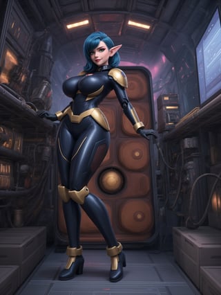 Masterpiece in 4K resolution, ultra-precise details. Style inspired by a fusion between the universe of Super Metroid and Star Wars, bringing a unique atmosphere. | In a technologically advanced environment, a stunning 30-year-old woman wears an all-black mecha musume suit, adorned with small golden areas. Her blue hair, short and with bangs in front of her right eye, in a mohawk cut, stands out. The tight suit enhances her curves, while her pointed ears add a touch of fantasy. With a cap on her head, she looks directly at the viewer with intensity. | Inside an aircraft filled with large computers and technological structures, the scene is enriched with steel boxes containing electronics and stacked armors. The woman is in a sensual pose, interacting and leaning on an imposing structure, standing out with a bold attitude. | The dynamic angle, tilted and skewed, provides a unique highlight to the character, intensifying the sensation of movement and interaction in the scene. | She: ((interacting and leaning on anything, very large structure+object, leaning against, sensual pose):1.3), ((Full body image)), perfect hand, fingers, hand, perfect, better_hands, More Detail, | She: ((interacting and leaning on anything, very large structure+object, leaning against, dynamic pose):1.3), ((Full body image)), perfect hand, fingers, hand, perfect, better_hands, More Detail,