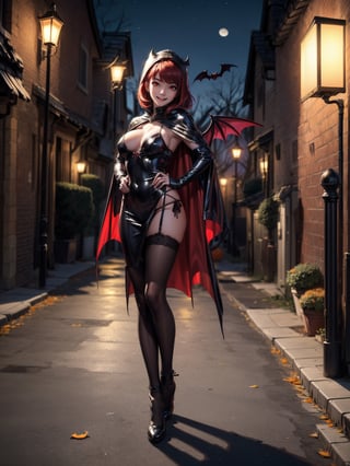 ((1woman)), ((wearing erotic vampire costume, with long cape, bat wings on head, very pale and whitish skin)), ((gigantic breasts)), ((short red hair, hair with bangs in front of the eyes)), ((staring at the viewer)), ((leaning head-on against a tall mailbox striking erotic pose)), ((in a small neighborhood, halloween party, multiple people with different costumes in the neighborhood, is at night, lampposts illuminating, the bairo)), (((full body))), 16k, UHD, ((better quality, better resolution, better detail))