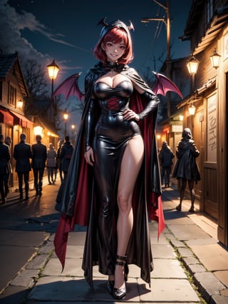 ((1woman)), ((wearing erotic vampire costume, with long cape, bat wings on head, very pale and whitish skin)), ((gigantic breasts)), ((short red hair, hair with bangs in front of the eyes)), ((staring at the viewer)), 1woman ((leaning against a tall wooden board with writings, stuck on the ground, with a lamp accesses, erotic pose)), ((halloween party, multiple people with different costumes in the neighborhood, is at night, lampposts illuminating, the neighborhood)), (((full body))), 16k, UHD, ((better quality, better resolution, better detail))