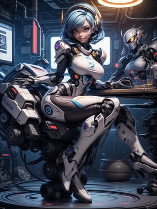 A woman, wearing ((all white mecha suit with blue parts, huge breasts, wearing helmet with colored visor):1), blue hair, hair with bangs in front of eyes, (looking at the viewer), (((sensual pose+Interacting+leaning on anything+object+leaning against))), in a laboratory with chair, machines, computers, window showing the city at night, 16K, UHD, ((full body)), unreal engine 5, quality max, max resolution, ultra-realistic, ultra-detailed, maximum sharpness, ((perfect_hands)), ((perfect_legs)), Goodhands-beta2, ((mecha, cyberpunk))