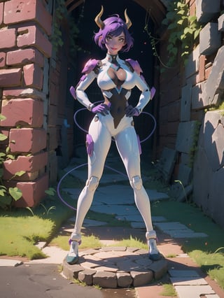 A woman, wearing a mecha suit+cybernetic armor+latex suit, suit with all white with parts in red, suit covering the whole body, suit with lights attached, gigantic breasts, horns on the head, green hair, very short hair, mohawk hair, hair with bangs in front of the eyes, (looking at the viewer), ((((sensual pose+Interacting+leaning on anything+object+leaning against)))) in the underworld in a battlefield, with many stone structures, altars with ancient writings, monsters fallen on the ground, glowing slimes, destroyed torture machines, wooden boards, large stones destroyed, altars with ancient writings, many demons, 16K, UHD, (full body:1.5), unreal engine 5, quality max, max resolution, ((a woman+purple skin, horns, gigantic breasts)), More detail, ultra-realistic, ultra-detailed, maximum sharpness, perfect_hands, better_hand, 