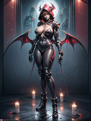 A vampire woman, wearing a black mecha suit with red parts + suit with circular lights + robotic armor, gigantic breasts, wearing a hood, red hair, hair with bangs in front of the eyes, straight hair, (looking at the viewer), (((sensual pose + Interacting + leaning on anything + object + leaning against))), in a futuristic cemetery at night raining, with many structures, tombstones, altars, coffins, candles illuminating the place, 16K, UHD, ((full body)), unreal engine 5, quality max, max resolution, ultra-realistic, ultra-detailed, maximum sharpness, (perfect_hands:1.2), ((perfect_legs)), Goodhands-beta2, ((cyberpunk, gigantic breasts, A vampire woman, wearing a hood))