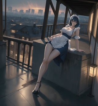 A masterpiece of urban art with a realistic style and graphic details. | Miyuki, a 23-year-old woman, is dressed in a maid's outfit, consisting of a blue dress with a white apron, white stockings, and black low-heeled shoes. She also wears a white headscarf, which gives her an air of innocence and purity. Her blue hair is long and straight, with a modern and stylish cut. Her red eyes are looking at the viewer, smiling and showing her white teeth. She is on a building balcony, overlooking the bustling city below. | The image highlights Miyuki's imposing figure and the architectural elements of the balcony and the building. The concrete and glass structures, along with Miyuki, create an urban and seductive atmosphere. The artificial lighting of the city illuminates the scene, creating dramatic shadows and emphasizing the details of the scene. | Soft and dark lighting effects create a relaxing and mysterious atmosphere, while rough and detailed textures on the structures and outfit add realism to the image. | A relaxing and attractive scene of a beautiful woman on a building balcony, combining elements of urban art and modern architecture. | (((((The image reveals a full-body shot as she assumes a sensual pose, engagingly leaning against a structure within the scene in an exciting manner. She takes on a sensual pose as she interacts, boldly leaning on a structure, leaning back in an exciting way.))))). | ((full-body shot)), ((perfect pose)), ((perfect fingers, better hands, perfect hands)), ((perfect legs, perfect feet)), ((perfect design)), ((perfect composition)), ((very detailed scene, very detailed background, perfect layout, correct imperfections)), More Detail, Enhance, 