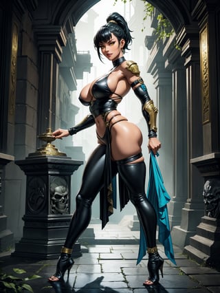 A woman, wearing a black ninja costume with blue parts, monstrously gigantic breasts, black hair, short hair, hair with bangs in front of her eyes, hair with ponytail, looking at the viewer, (((erotic pose interacting and leaning [on something in the environment|on an object]))), in a very old sewer with large altars, edra structures, gold figurines, sewer bottom with green acid river full of floating skeletons, ((full body):1.5), 16k, UHD, best possible quality, ultra detailed, best possible resolution, Unreal Engine 5, professional photography, ((well-detailed fingers)), ((well-detailed hand)), ((perfect_hands)), ((mortal_kombat))