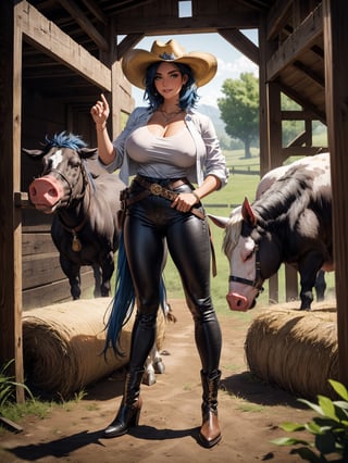 A woman, wearing a white T-shirt, black leather coat with embroidery, long brown leather pants, black leather boots, ((gigantic breasts)), blue hair, messy hair, short hair, straight hair, hair with bangs in front of the eyes, (((cowboy hat)), looking at the viewer, (((pose with interaction and leaning on [something|an object]))), in a barn with bundles of hay,  machinery, horses, pigs, chickens, is at night, ((full body):1.5), 16k, UHD, best possible quality, ultra detailed, best possible resolution, Unreal Engine 5, professional photography, well-detailed fingers, well-detailed hand, perfect_hands, ((farm animals))