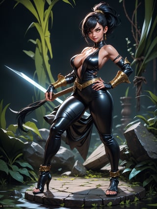 A woman, wearing a black ninja costume with blue parts, monstrously gigantic breasts, black hair, short hair, hair with bangs in front of her eyes, hair with ponytail, looking at the viewer, (((erotic pose interacting and leaning [on something in the environment|on an object]))), in a very old sewer with large altars, edra structures, gold figurines, sewer bottom with green acid river full of floating skeletons, ((full body):1.5), 16k, UHD, best possible quality, ultra detailed, best possible resolution, Unreal Engine 5, professional photography, ((well-detailed fingers)), ((well-detailed hand)), ((perfect_hands)), ((mortal_kombat))