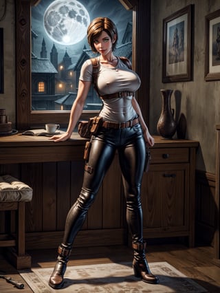 1woman, white T-shirt and long brown leather pants, black boot, extremely erotic clothing, extremely gigantic breasts, brown hair, very short hair, straight hair, hair with bangs in front of the eyes, looking at the viewer, (((erotic pose interacting and leaning on something))), in an old house all destroyed with lots of furniture, altars, window showing a village at night and a full moon at the top right, ((full body):1.5), ((Resident Evil 4)),16k, UHD, best possible quality, ((ultra detailed):1.2), best possible resolution, Unreal Engine 5, professional photography, perfect_hands