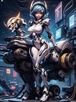 A woman, wearing ((all white mecha suit with blue parts, huge breasts, wearing helmet with colored visor):1), blue hair, hair with bangs in front of eyes, (looking at the viewer), (((sensual pose+Interacting+leaning on anything+object+leaning against))), in a laboratory with chair, machines, computers, window showing the city at night, 16K, UHD, ((full body)), unreal engine 5, quality max, max resolution, ultra-realistic, ultra-detailed, maximum sharpness, ((perfect_hands)), ((perfect_legs)), Goodhands-beta2, ((mecha, cyberpunk))