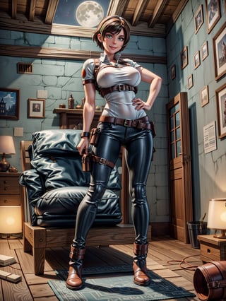 1woman, white T-shirt and long brown leather pants, black boot, extremely erotic clothing, extremely gigantic breasts, brown hair, very short hair, straight hair, hair with bangs in front of the eyes, looking at the viewer, (((erotic pose interacting and leaning on something))), in an old house all destroyed with lots of furniture, altars, window showing a village at night and a full moon at the top right, ((full body):1.5), ((Resident Evil 4)),16k, UHD, best possible quality, ((ultra detailed):1.2), best possible resolution, Unreal Engine 5, professional photography, perfect_hands