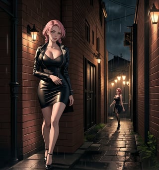 A masterpiece of noir style and drama, rendered in ultra-detailed 8K with realistic, vibrant details. | Rose, a young 23-year-old woman, is dressed in a prostitute outfit consisting of a short dress, high stockings, high-heeled shoes and a leather jacket. Her short pink hair is styled in a stylish modern cut with tousled braids. She has golden eyes, looking at the viewer while smiling and showing her teeth, wearing red lipstick. It is located in a dark alley at night during heavy rain. The brick structures, crates, lampposts, marble and wooden structures add to the dark and mysterious atmosphere of the place. The dim light from the streetlights illuminates the room, creating ominous shadows on the walls. | The image highlights Rose's seductive figure and the architectural elements of the dark alley. The brick structures, crates, lampposts, marble and wooden structures, along with the heavy rain, create a dark and mysterious atmosphere. The ominous shadows on the walls highlight the tension and fear in the scene. | Soft, shadowy lighting effects create a tense, fear-filled atmosphere, while rough, detailed textures on structures and clothing add realism to the image. | A terrifying scene of a young prostitute woman in a dark alley at night, exploring themes of noir, drama and fear. | (((The image reveals a full-body shot as Rose assumes a sensual pose, engagingly leaning against a structure within the scene in an exciting manner. She takes on a sensual pose as she interacts, boldly leaning on a structure, leaning back and boldly throwing herself onto the structure, reclining back in an exhilarating way.))). | ((((full-body shot)))), ((perfect pose)), ((perfect arms):1.2), ((perfect limbs, perfect fingers, better hands, perfect hands, hands)), ((perfect legs, perfect feet):1.2), ((huge breasts)), ((perfect design)), ((perfect composition)), ((very detailed scene, very detailed background, perfect layout, correct imperfections)), Enhance, Ultra details++, More Detail, poakl