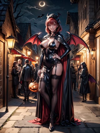 ((1woman)), ((wearing erotic vampire costume, with long cape, bat wings on head, very pale and whitish skin)), ((gigantic breasts)), ((short red hair, hair with bangs in front of the eyes)), ((staring at the viewer)), 1woman ((pose, leaning against a tall wooden board with writings, pinned to the ground, with a lamp ons)), ((halloween party, multiple people with different costumes in the neighborhood, is at night, lampposts illuminating, the neighborhood)), (((full body))), 16k, UHD, ((better quality, better resolution, better detail))