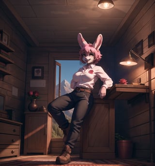 An adventure and exploration masterpiece, rendered in ultra-detailed 8K with vibrant, realistic details. | Rose, a young 23-year-old rabbit woman with ((green fur)), is dressed in a climbing outfit consisting of a long-sleeved shirt, sweatpants, mountain boots, gloves, a belt with pockets, rope and a helmet. Her ((short pink hair)) is styled in a stylish modern cut with tousled braids. ((She has golden eyes, looking at the viewer while smiling and showing her teeth)), wearing red lipstick. It is located in a macabre, dark cave, with rock, wooden and metal structures. The treasure chests and lamps on the walls add to the mysterious and spooky atmosphere of the place. The light from the lamps illuminates the room, creating ominous shadows on the walls. | The image highlights Rose's athletic figure and the architectural elements of the macabre cave. The rock, wooden and metal structures, along with the treasure chests and lamps on the walls, create a mysterious and frightening environment. The ominous shadows on the walls highlight the tension and fear in the scene. | Soft, shadowy lighting effects create a tense, fear-filled atmosphere, while rough, detailed textures on structures and clothing add realism to the image. | A terrifying scene of a young rabbit woman explorer in a macabre cave, exploring themes of adventure, exploration and fear. | (((The image reveals a full-body shot as Rose assumes a sensual pose, engagingly leaning against a structure within the scene in an exciting manner. She takes on a sensual pose as she interacts, boldly leaning on a structure, leaning back and boldly throwing herself onto the structure, reclining back in an exhilarating way.))). | ((((full-body shot)))), ((perfect pose)), ((perfect arms):1.2), ((perfect limbs, perfect fingers, better hands, perfect hands, hands)), ((perfect legs, perfect feet):1.2), ((huge breasts)), ((perfect design)), ((perfect composition)), ((very detailed scene, very detailed background, perfect layout, correct imperfections)), Enhance, Ultra details++, More Detail, poakl