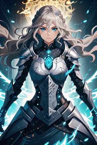 ultra detailed digital art, clean, a portrait of a beautiful woman, standing, goddess, LnF, a woman in an armor with feathers , wearing LnF, power stance, ornate, glow, photogenic, pretty face, grey-blue eyes, dark blonde hair, wavy hair, flat chest,