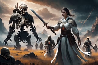 (A girl wearing white Hanfu commands the skeleton army to fight with the humans), magic circle, magic, magical energy, epic war, (numerous skeleton soldier),  (numerous knights), die, corpse, bleeding, fantasy, light particles, (prairie background), (eerie sky),
(masterpiece, best quality, high resolution, intricate detail, extreme detailed:1.3),more detail XL,DonMD34thM4g1cXL