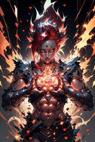(best quality, highres, masterpiece, ultra detailed, extremely intricate, dreamy, absurdres:1.2), 3 point lighting, flash with softlight, 4K, HDR, 
An extremely muscular female super Saiyan, (pectoral), (abdominal muscle), red hair, collapsed architecture, electric arc, Fallen, shiny, glitter, SAIYA, Aura of blue energy crackling with electricity, detailed ​​ruins background, (love heart shape with two hands at camera:1.3),
