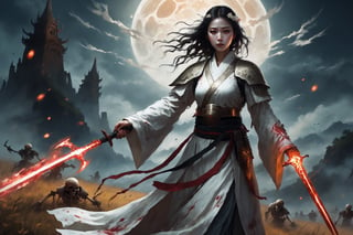 (magic girl wearing white Hanfu), haunting,(Countless Skeleton Soldiers and Knight Wars), die, corpse, bleeding, fantasy, light particles, (prairie background), (eerie sky),
(masterpiece, best quality, high resolution, intricate detail, extreme detailed:1.3),more detail XL,DonMD34thM4g1cXL